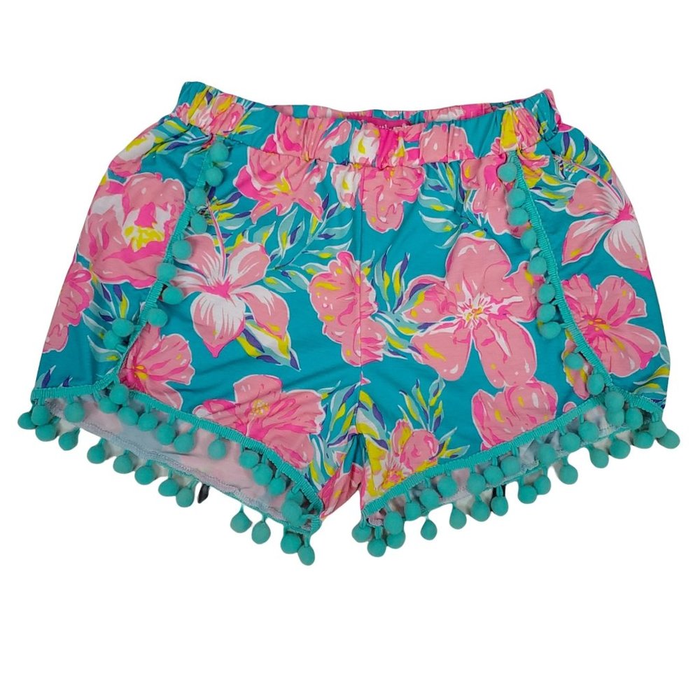 Simply Southern: Youth Girl's M Floral Shorts with Tassels Pom Pons Fringe